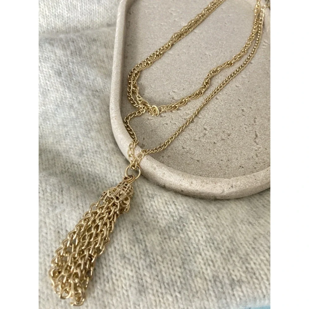 Vintage Hong Kong Gold Tone Multi‎ Chain Tassel Necklace Long Pendant Double
